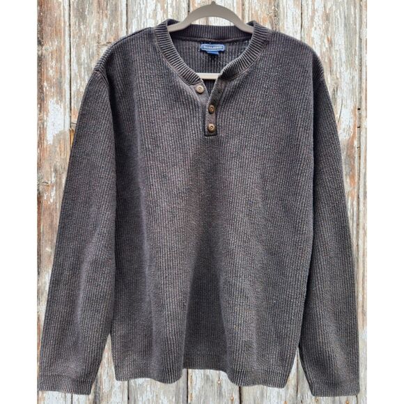 SaddleBred Mens Sweater Size L Heathered Charcoal Ribbed Henley Casual Preppy - Picture 1 of 8